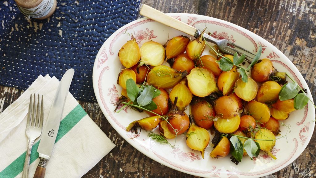 Roasted Golden Beet Salad with Pea Shoots and Fennel