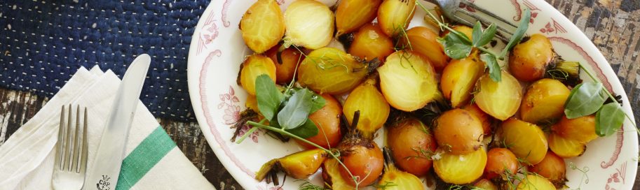 Roasted Golden Beet Salad with Pea Shoots and Fennel