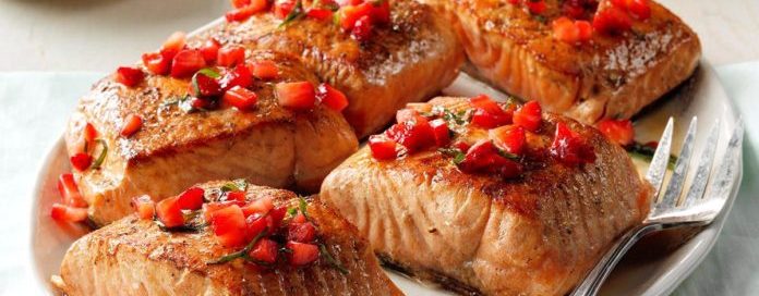 Seared Salmon with Strawberry Basil Relish Lavender Honey
